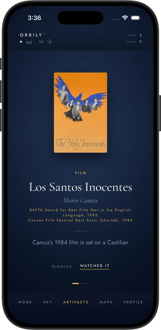 The Artifacts tab recommending the film Los Santos Inocentes.