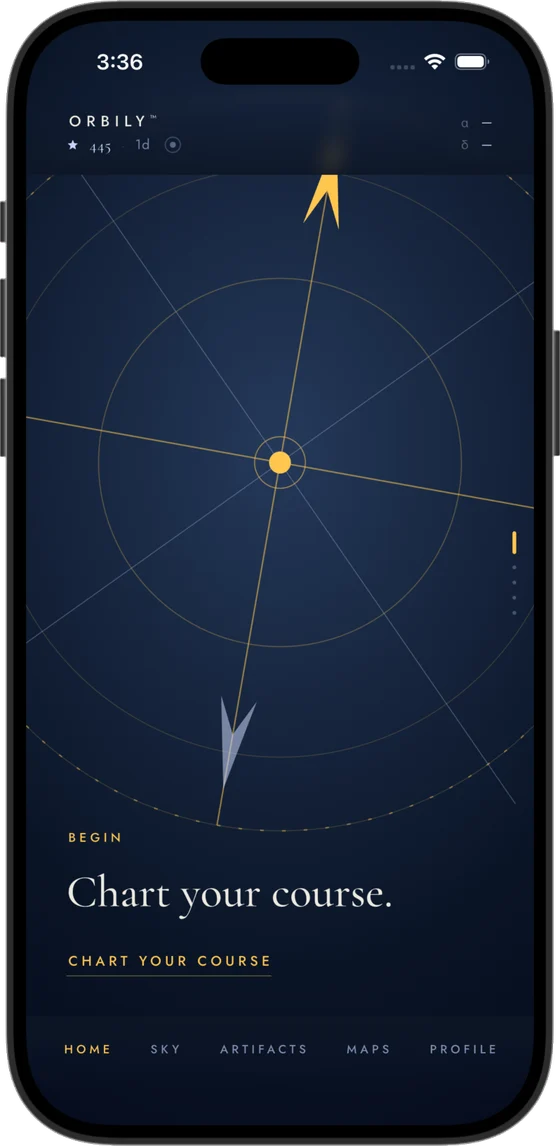 Orbily Home screen: a compass rose with the prompt Chart your course.