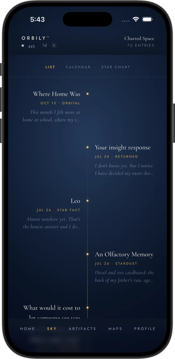 The Sky tab: a timeline of past sessions, orbitals, star facts and stardust.